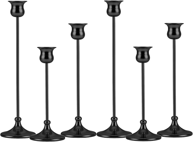 Metal Candle Holder Taper Candlestick Holders for Candle Sticks Vintage Candelabra for Halloween Thanksgiving Christmas (Matt Black, 2 Sets (6 pcs))