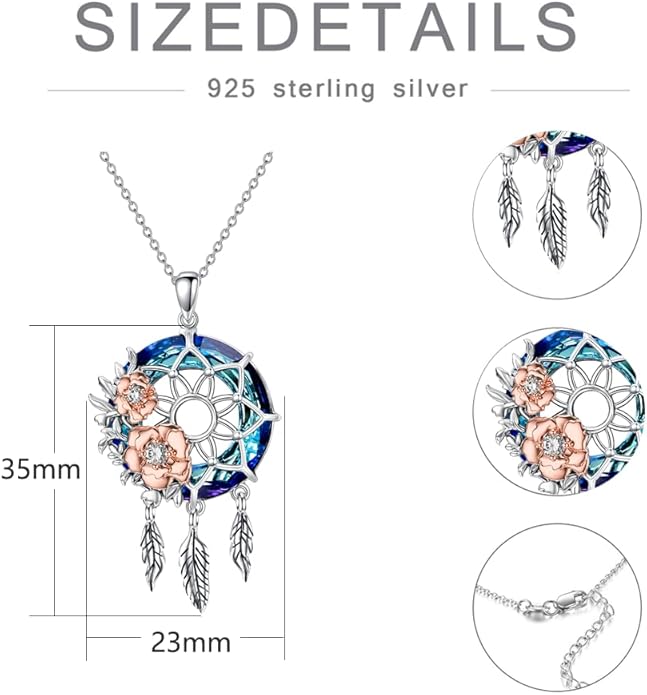 Dream Catcher Pendant Necklace 925 Sterling Silver Synthetic Moonstone Crystal Sunflower Rose Flower Evil Eye Dreamcatcher Cremation Jewelry Gifts for Women Wife Mom