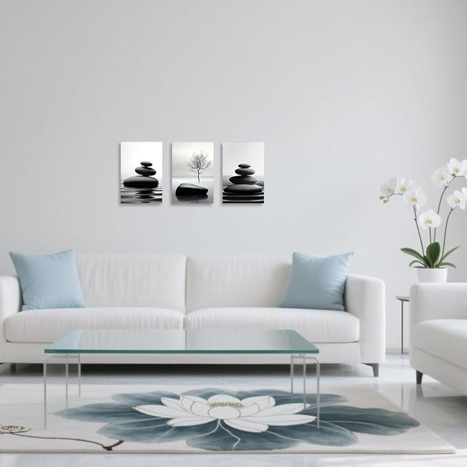 CCWORKERRY 3PCS Zen Stones Canvas Wall Art Black and White Zen Stone Painting Calming Meditation Wall Decor for Yoga Studio Office Spa Bathroom (white,11W x14L x3)