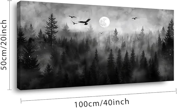 ZESTRILIA Forest Wall Art Black & White Moon Night Retro Canvas Prints Modern Rustic Paintings Nordic Artwork Landscape Picture for Country Farmhouse Living Room Bedroom Home Office Décor (20x40inch)