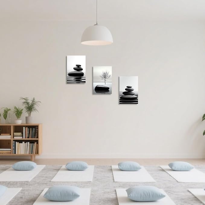 CCWORKERRY 3PCS Zen Stones Canvas Wall Art Black and White Zen Stone Painting Calming Meditation Wall Decor for Yoga Studio Office Spa Bathroom (white,16W x24L x3)