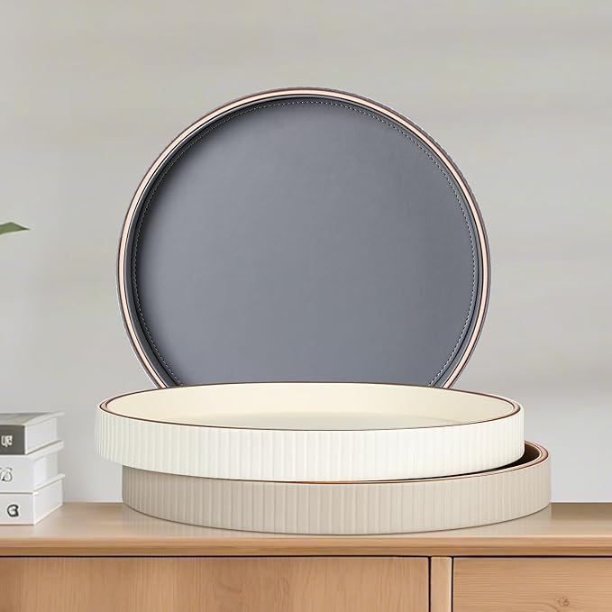 GORESE Round Decorative Serving Tray for Coffee Table Decor, 12" PU Leather Table Centerpiece Home Decor, Valet Tray for Trinket Jewelry Perfume Key, Ottoman Tray Nightstand Organizer, Cream White