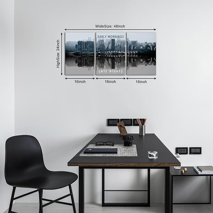 KAWAHONE Inspirational Wall Art -Motivational Quote Black and White Wall Art-City Night Scenes Modern Cityscape Building Artwork Decor for Home Office Bathroom Bedroom Kitchen Classroom Gym