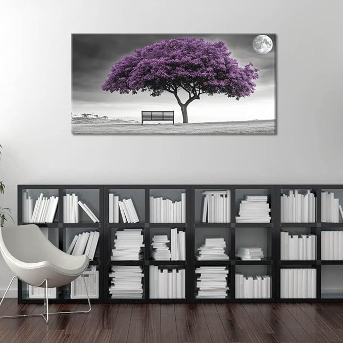 ZESTRILIA Country Purple Tree Wall Art for Living Room Office Violet Gray Moon Canvas Painting Prints Artwork Dining Bedroom Decor (30x16 Inches)