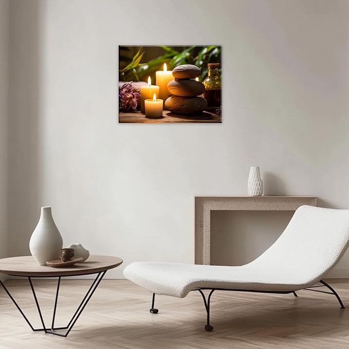 GLOKAKA Zen Canvas Wall Art Stacked Spa Stones White Candle Painting Relaxation Artwork Meditation Decor for Spa Yoga Room Bathroom Ready To Hang(Artwork-3,20"x30")