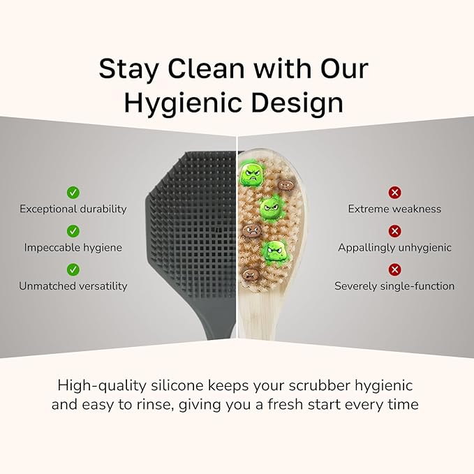Silicone Back Scrubber with Long Handle - Octagon Body Brush for Shower, Bath, and Exfoliating - Skin Cleansing, Back Scrub and Gentle Silicone Sponge - Wash Your Body with Easy Reach - Silver