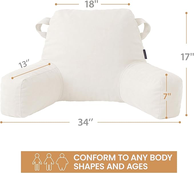 Portable Comfy Reading Pillows for Bed Sitting Up(Beige Oeko-Tex), Velvet Back Pillow with Arms & Pockets for Adults, Support Memory Foam Bed Pillow for Dorm/Reading/Watching/Gaming