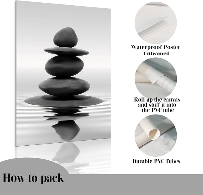DCMVJHZV Black and White Bathroom Poster Stones in the water Wall Art Zen Bathroom Wall Decor Yoga Meditation Picture Print Spa Room Bedroom Living Room Wall Painting(16"x24" Unframed)