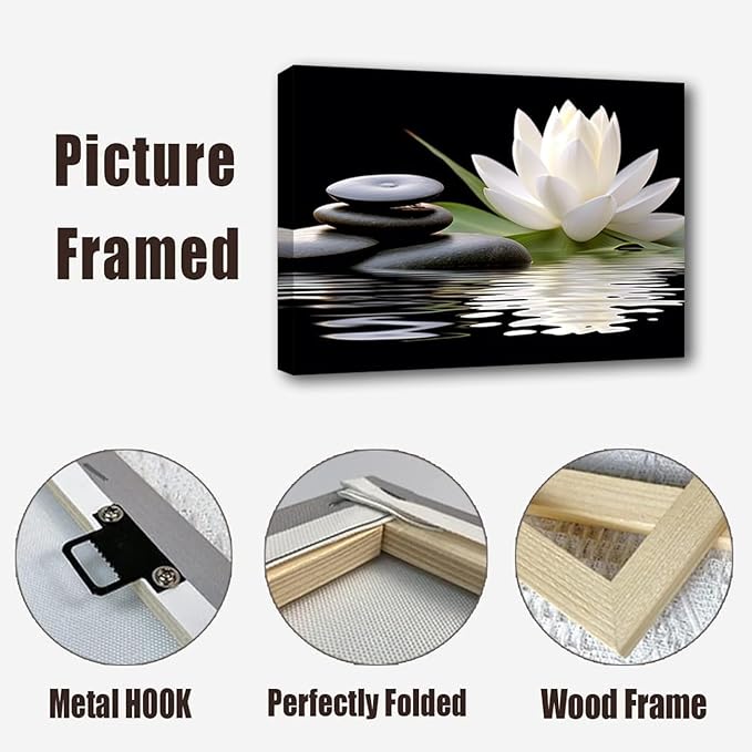 LZIMU Zen Canvas Wall Art White Lotus and Black Zen Stones Bloom in Water Picture Prints for Yoga Spa Meditation Spiritual Room Bathroom Decor (Zen-1, 28"x42")