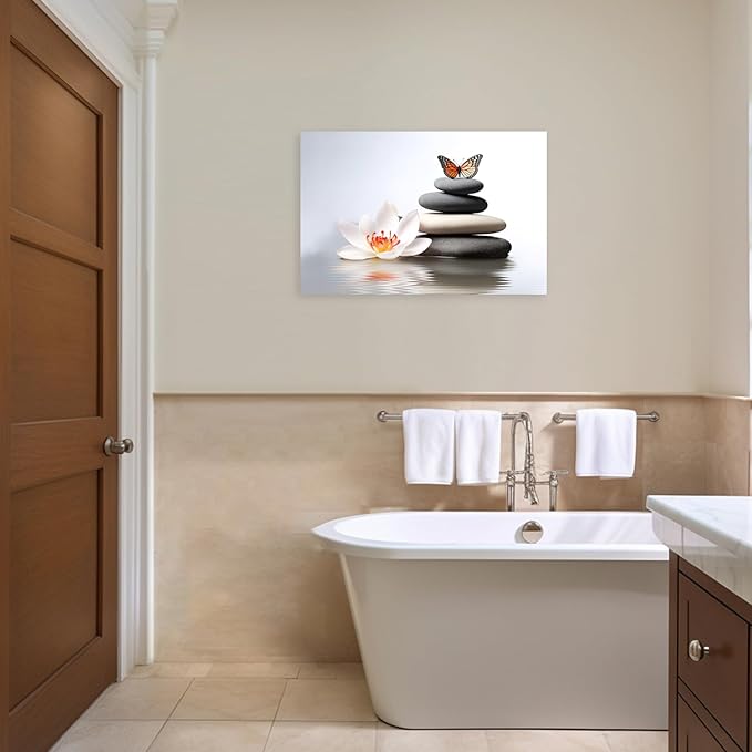ARTZGX Zen Canvas Wall Art Spa Pictures Wall Decor Flower Zen Stones Butterfly Painting Print for Bathroom Yoga Decor Frame(Zen Flower - A 28.00" x 42.00")