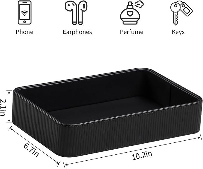 PU Leather Valet Tray Organizer, Modern Nightstand Organizer Bedside Desktop Storage for Womens and Men, Decorative Perfume Trinket Catchall Vanity Tray for Key Watch Wallet (Black)