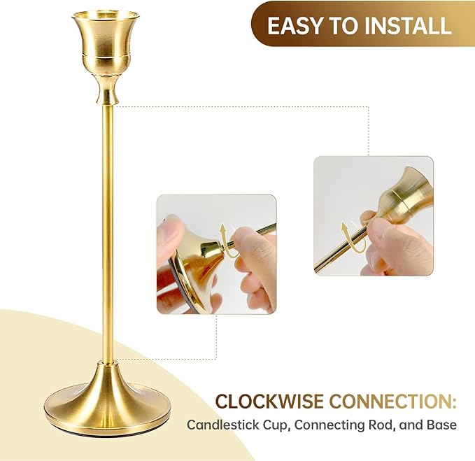 2 Sets(6 Pcs) Candle Stick Holders, Brass Gold Metal Taper Candle Holders, Vintage Modern Decorative Centerpiece Candlestick Holders for Table Mantel Wedding Housewarming Gift