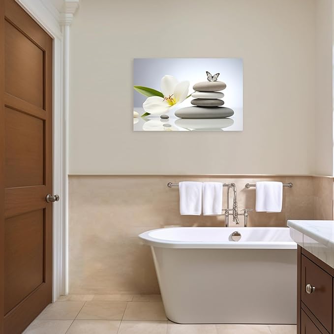 ARTZGX Zen Canvas Wall Art Spa Stones Picture Print Flower and Butterfly Painting Meditation Artwork Bathroom Yoga Decor Frame(Zen Flower - C 24.00" x 36.00")