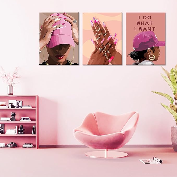 Black Girl Canvas Wall Art pink trend American Black Woman Posters Prints Wall Decor Pictures for Home Living Room Bedroom study Decoration,Framed12 x 16inches X3piece