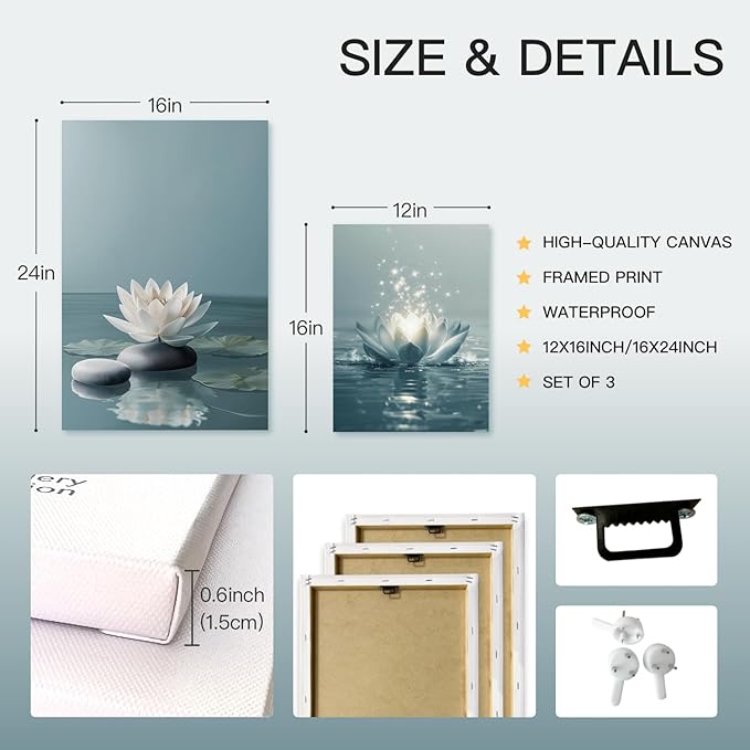 GELDSTEI Calm Zen Botanical Canvas Wall Art, White Lotus Blooming on Stones in Water Aesthetic Pictures, Yoga Spa Meditation Room Decor, Modern Spiritual Poster Prints for Zen Office Framed 16"x24"x3