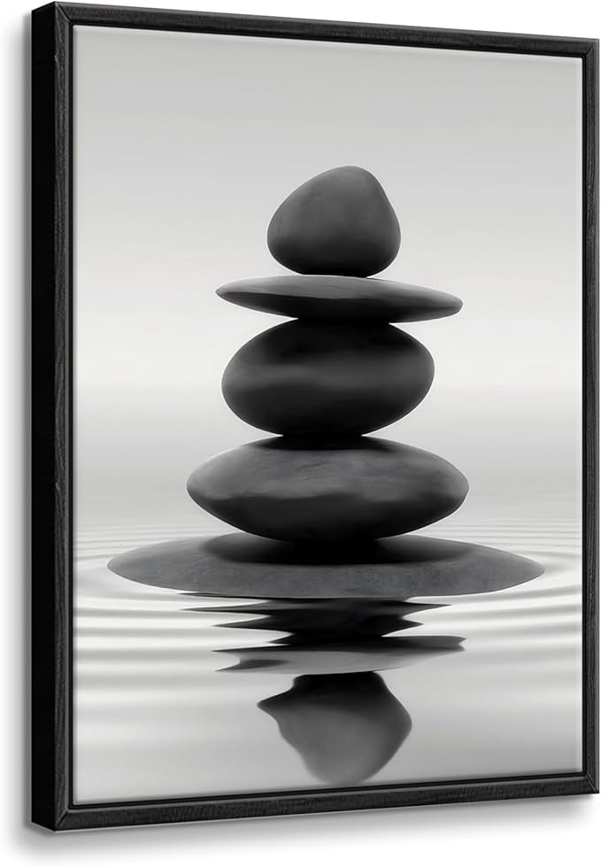 DCMVJHZV Framed Black and White Bathroom Wall Art Zen Stones in the water Bathroom Wall Art Yoga Meditation Picture Wall Decor Spa Room Bedroom Living Room Wall Painting Print (12"x16")