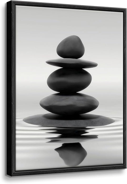 DCMVJHZV Framed Black and White Bathroom Wall Art Zen Stones in the water Bathroom Wall Art Yoga Meditation Picture Wall Decor Spa Room Bedroom Living Room Wall Painting Print (12"x16")