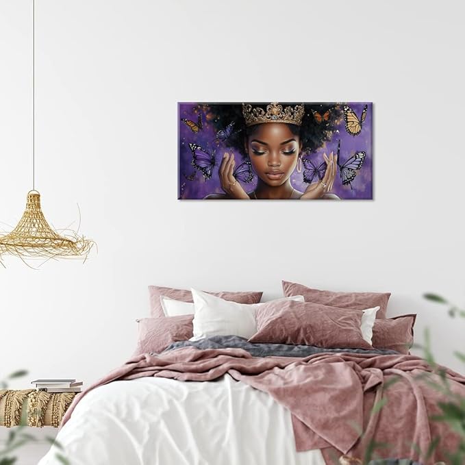 ZESTRILIA African American Wall Art for Girls Room Purple Black Butterfly Canvas Painting Prints Artwork Living Bedroom Office Decor (30x16 Inches)