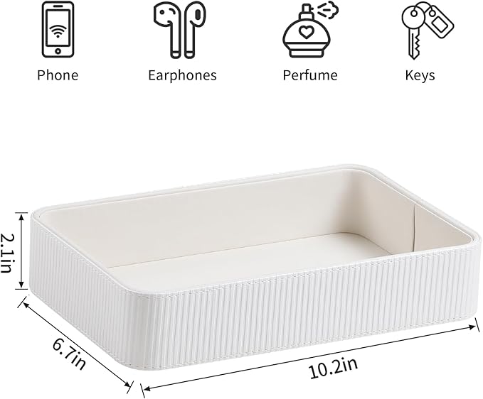 PU Leather Valet Tray Organizer, Modern Nightstand Organizer Bedside Desktop Storage for Womens and Men, Decorative Perfume Trinket Catchall Vanity Tray for Key Watch Wallet (White)