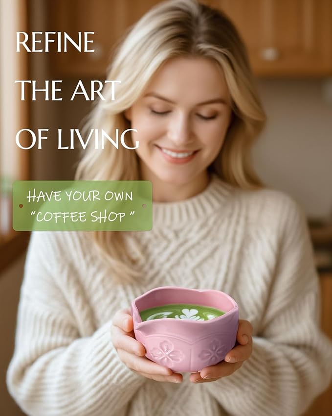 Matcha Whisk Set, Ceramic Matcha Set Includes Bowl with Spout, Whisk and Holder, Bamboo Scoop, Sifter and Tea Towel - 6 Pcs Matcha Kit Gift for Lovers Beginners (Pink)