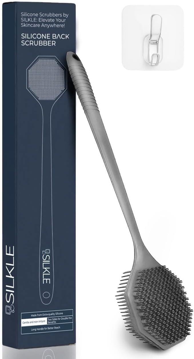 Silicone Back Scrubber with Long Handle - Octagon Body Brush for Shower, Bath, and Exfoliating - Skin Cleansing, Back Scrub and Gentle Silicone Sponge - Wash Your Body with Easy Reach - Silver