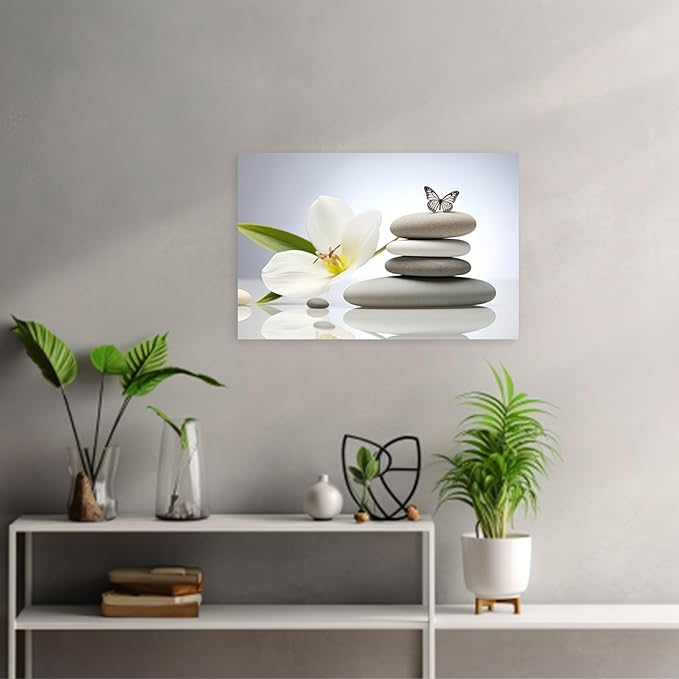 ARTZGX Zen Canvas Wall Art Spa Stones Picture Print Flower and Butterfly Painting Meditation Artwork Bathroom Yoga Decor Frame(Zen Flower - C 24.00" x 36.00")