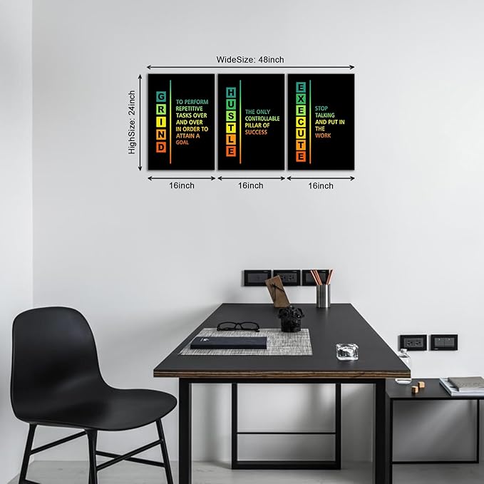 KAWAHONE Motivational Canvas Wall Art, Hustle Grind Execute Wall Art Decor, Black and White Positive Motivational Poster Framed Inspirational Entrepreneurs Painting Prints Quotes Poster for Office Workplace