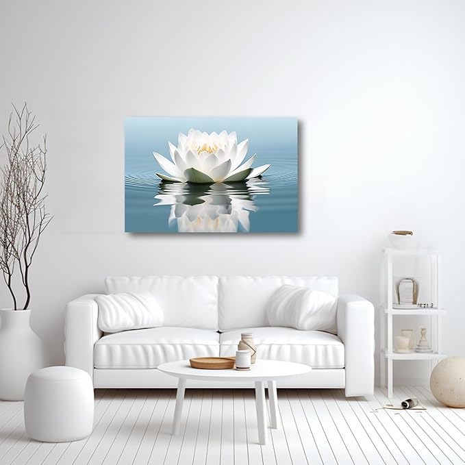 LZIMU Zen Canvas Wall Art White Lotus Flower Bloom in Water Picture Prints Teal Blue Artwork Bathroom Decor Framed for Yoga Spa Meditation Room (Zen-3, 28"x42")