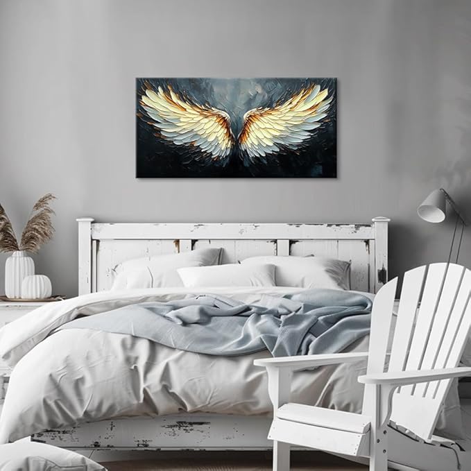 ZESTRILIA Angel Wings Wall Art for Girls Room Gold Gray Canvas Oil Painting Prints Modern Abstract Fantasy Anime Artwork Living Bedroom Office Decor (30x16 Inches)