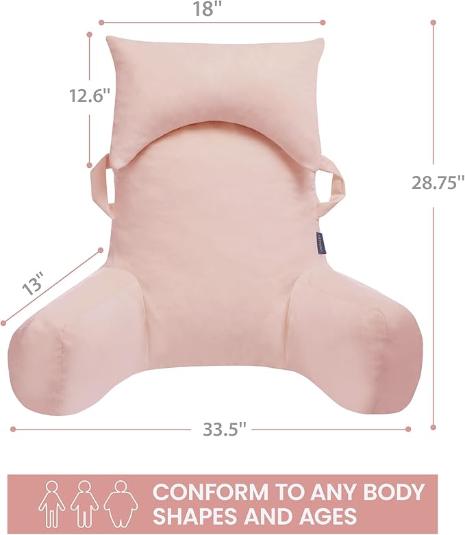 Portable Reading Pillows with Headrest for Bed Sitting Up(Pink Oeko-Tex), Velvet Back Pillow with Arms & Pockets for Adults, Support Memory Foam Bed Pillow for Dorm/Reading/Watching/Gaming