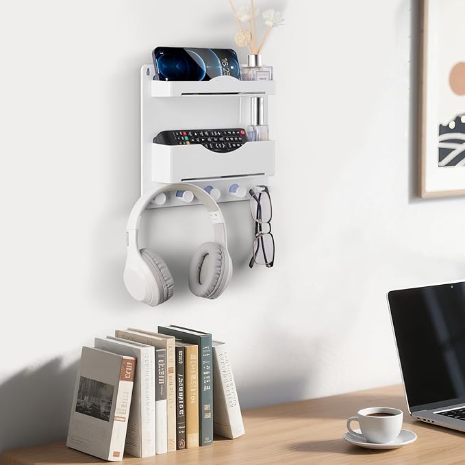 JUMEIHUI Bedside Wall Shelf with Glasses Hooks ,Adhesive Bedside Organizer Wall Mount for Dorm and Room Accessories Phone,Remote,Earphone, Kindle (White)