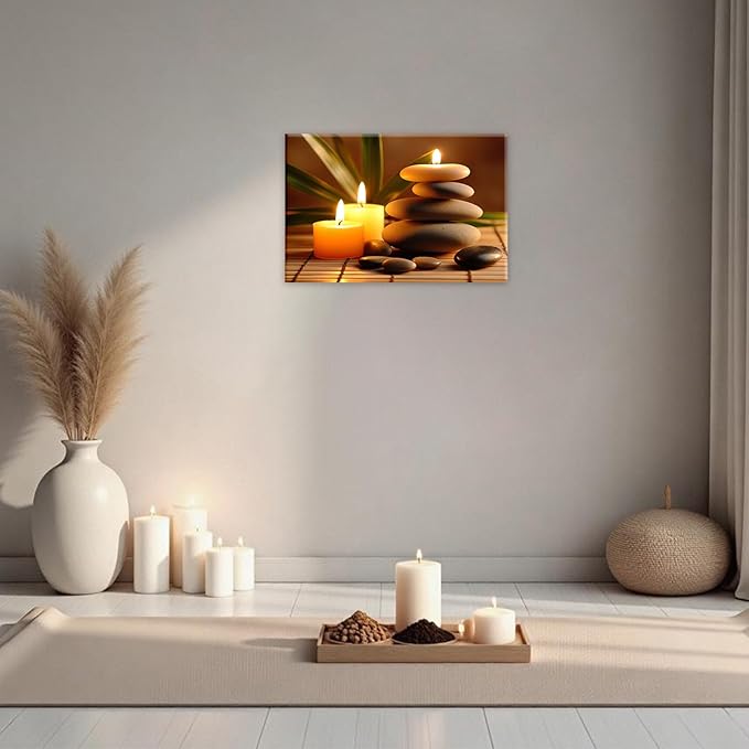 Zen Canvas Wall Art Candles Stones Pictures Print Spa Serene Still Life Painting Meditation Framed Artwork for Spa Yoga Room Bathroom Decor(Artwork-1,16"x24")