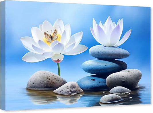 ARTZGX Zen Canvas Wall Art for Bathroom Lotus Pictures Blue Spa Stone Painting Butterfly Flower Artwork for Yoga Decor Frame(Zen - B 20.00" x 30.00")