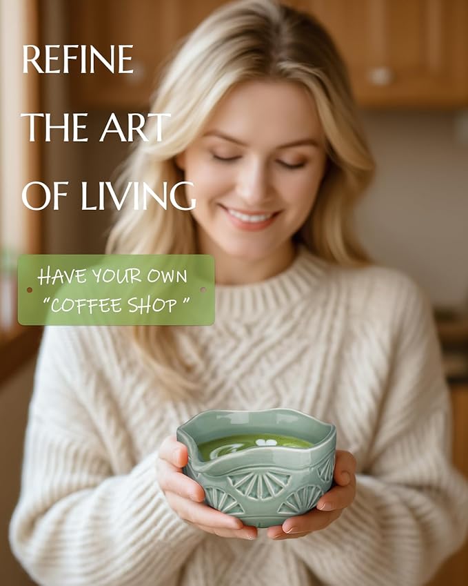 Matcha Whisk Set, Ceramic Matcha Set Includes Matcha Bowl with Spout, Matcha Whisk and Holder, Bamboo Scoop, Sifter and Tea Towel - 6 Pcs Matcha Kit Gift for Matcha Lovers (Green)