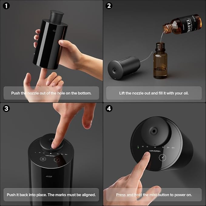 Airversa Waterless Essential Oil Diffuser Starter Kit with 4 x 10mL Fragrance Scent Oil, Battery Operated Mini Scent Air Machine Portable Diffuser for Home Car Office, AN6 White Kit01
