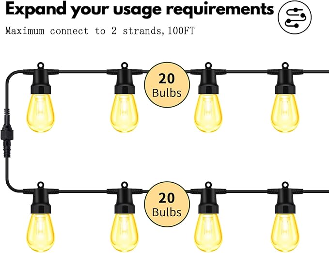 50ft Outdoor String Lights Color Changing - Patio Lights Outdoor Waterproof with 20 Dimmable RGBW Bulbs, Shatterproof, Music Mode, Connectable, Remote & App Control for Halloween, Christmas