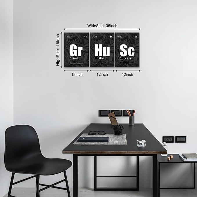 KAWAHONE Motivational Wall Art Success Posters-Grind Hustle Success Inspirational Quotes Canvas Prints for Office, Home Office, Living Room