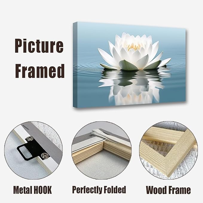 LZIMU Zen Canvas Wall Art White Lotus Flower Bloom in Water Picture Prints Teal Blue Artwork Bathroom Decor Framed for Yoga Spa Meditation Room (Zen-3, 28"x42")