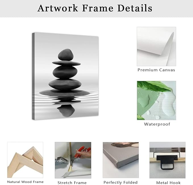LZIMU Black and White Zen Wall Art Stones in Water Pictures Print on Canvas for Bathroom Yoga Meditation Spa Room Living Room Bedroom Wall Decorations Framed (Zen-1, 16"x24" (40x60cm))
