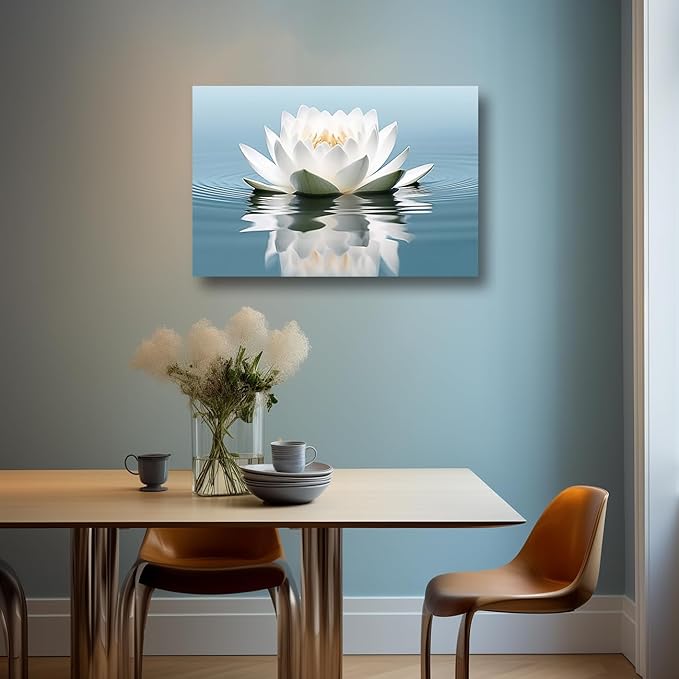 LZIMU Zen Canvas Wall Art White Lotus Flower Bloom in Water Picture Prints Teal Blue Artwork Bathroom Decor Framed for Yoga Spa Meditation Room (Zen-3, 24"x36")