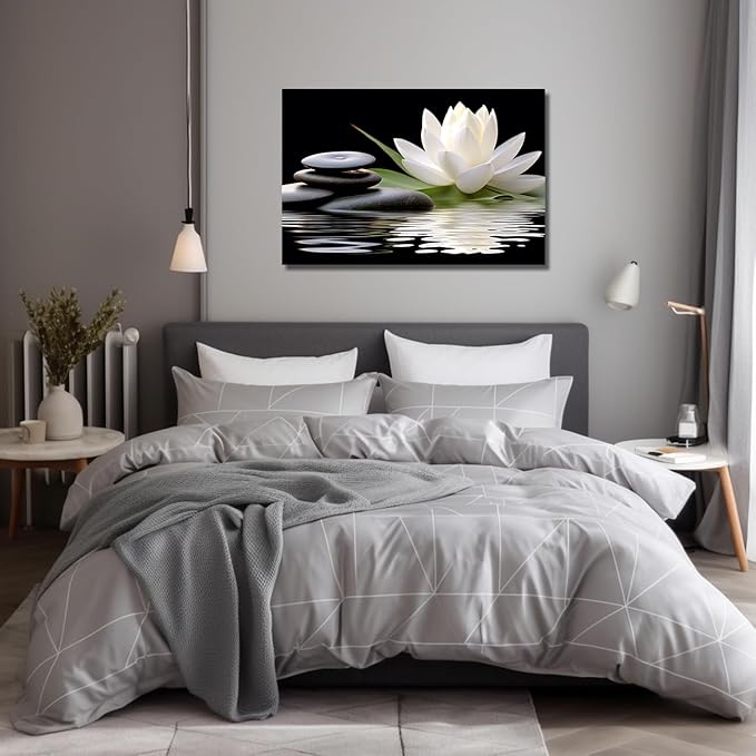 LZIMU Zen Canvas Wall Art White Lotus and Black Zen Stones Bloom in Water Picture Prints for Yoga Spa Meditation Spiritual Room Bathroom Decor (Zen-1, 28"x42")