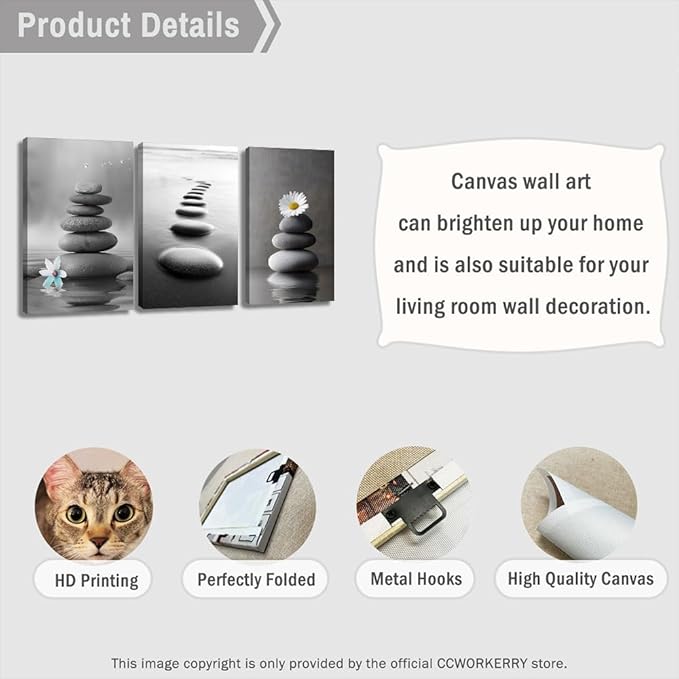 CCWORKERRY 3PCS Zen Stones Canvas Wall Art Black and White Zen Stone Painting Calming Meditation Wall Decor for Yoga Studio Office Spa Bathroom (gray,24W x36L x3)