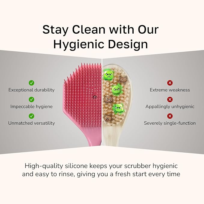 Silicone Back Scrubber with Long Handle - Octagon Body Brush for Shower, Bath, and Exfoliating - Skin Cleansing, Back Scrub and Gentle Silicone Sponge - Wash Your Body with Easy Reach - Pink