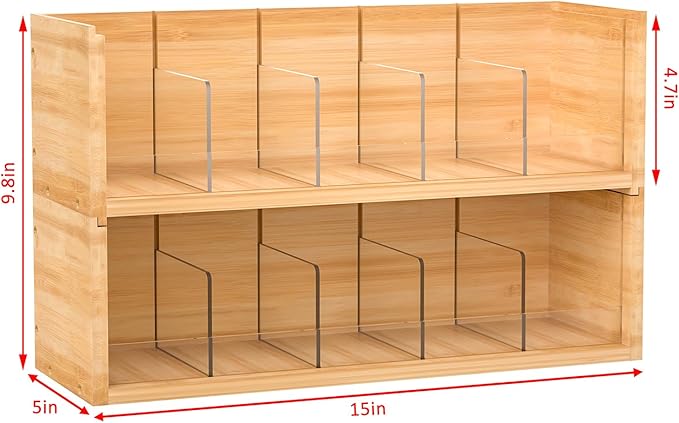 X-cosrack Bamboo Tea Bag Organizer Storage Box, 2-Tier Stackable Tea Box for Countertop, Wall Mount Tea Bag Holder, Tea Storage Chest Natural Wood for Office Kitchen Cabinet Pantry