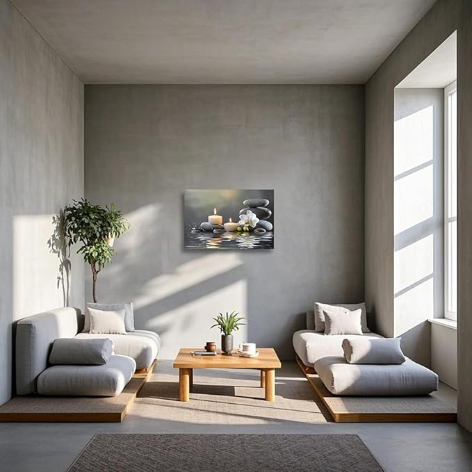 CGXLB Zen Stone Wall Art Candles & Orchid Painting Serene Water Decor for Spa Bathroom Bedroom Meditation Room 16"x24"