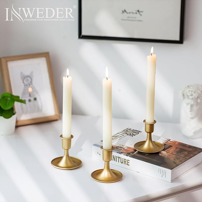 Gold Taper Candle Holder Vintage: Small Candle Sticks Holder Decor Brass Candlestick Holders for Home Dinning Table Wedding Centerpiece Holiday Party Chrismas Mantel Set of 2