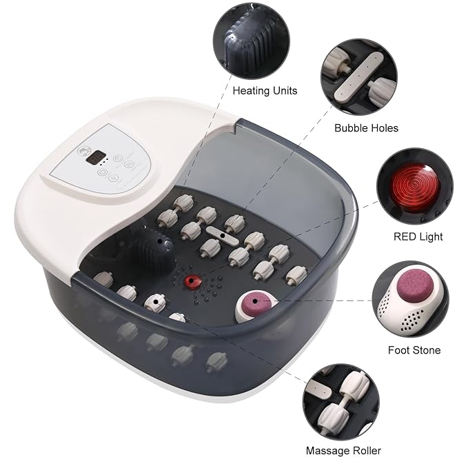 Foot Spa Bath Massager with Heat, Foot Bath with 22 Massage Rollers, Temperature Control, Jets, Bubbles, Epsom Salt and Vibration. Foot Soaking Tub for Relaxation - Grey