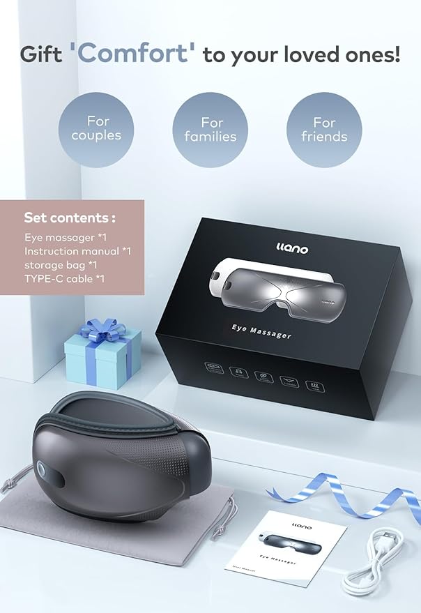 llano Christmas Gifts,Upgrade Eye Massager with Heat, Portable with Bluetooth Music, Eye Mask Sleep Foldable Face for Relax Dark Circles Dry