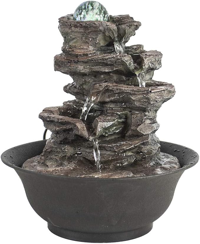 Ferrisland Tabletop Rock - Stacked Waterfall Fountain with LED - Lit Crystal Ball, Ideal for Office & Home Decor(Brown Gray)