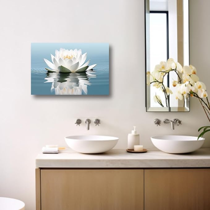 LZIMU Zen Canvas Wall Art White Lotus Flower Bloom in Water Picture Prints Teal Blue Artwork Bathroom Decor Framed for Yoga Spa Meditation Room (Zen-3, 28"x42")